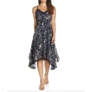 FOXIEDOX Carolina Floral Midi Lace Trim Dress Blue Whimsy Asymmetrical Hem Sz 8